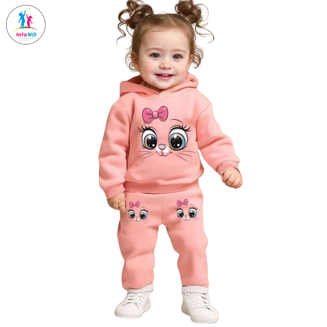 Fleece set for girl: sweatshirt with cat print and pants