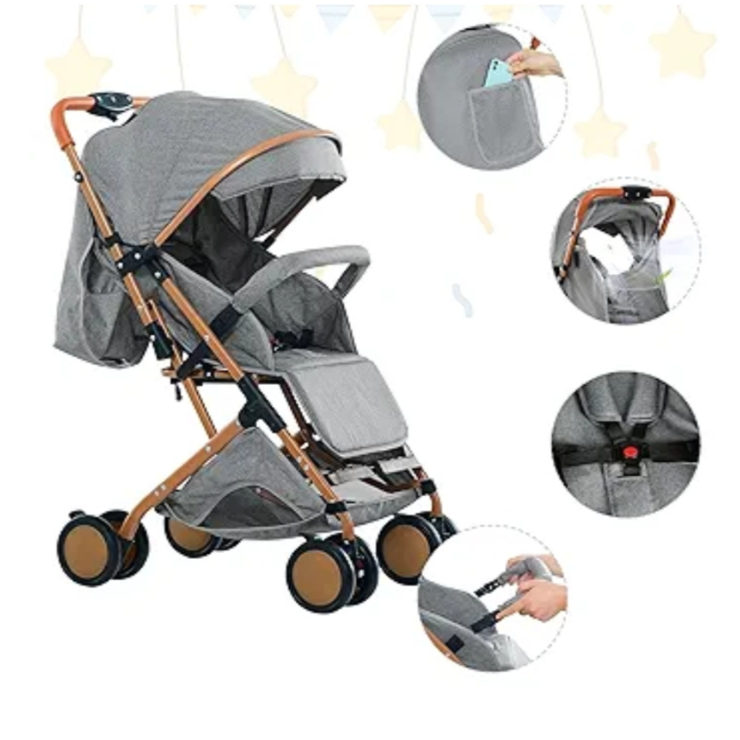 Compact and lightweight reclining baby stroller with basket