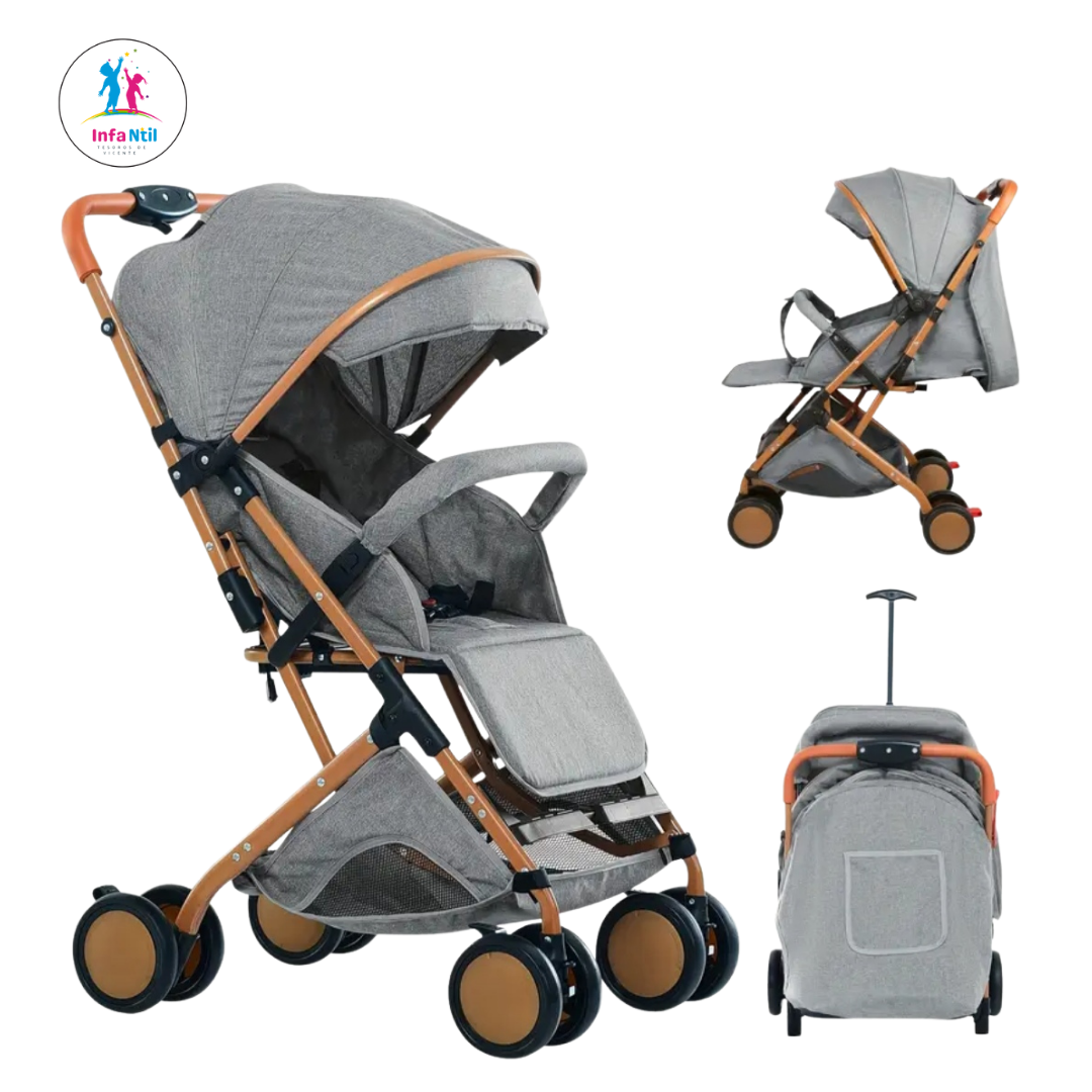 Compact and lightweight reclining baby stroller with basket