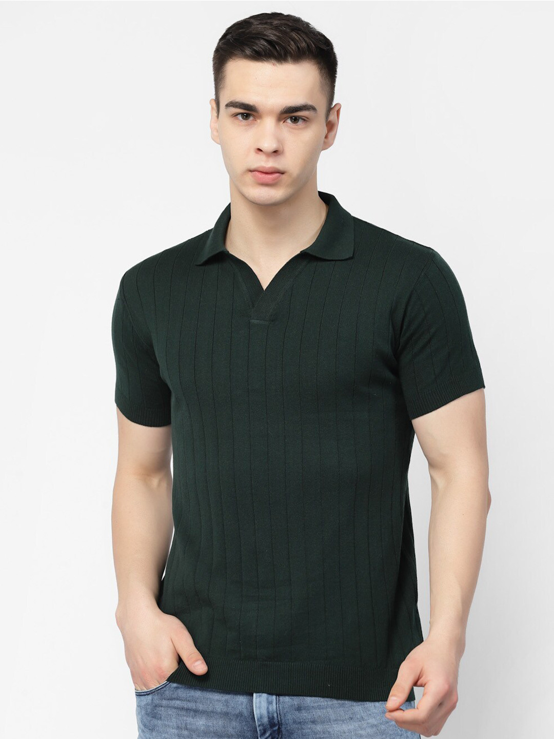 Men's Dark Green Ribbed Polo Shirt
