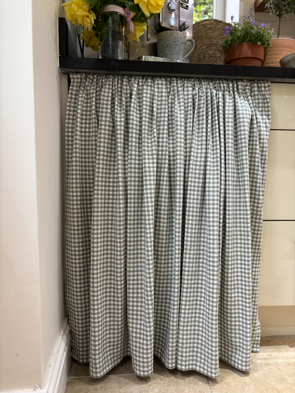 Hideaway curtain, pantry curtain and sink skirts