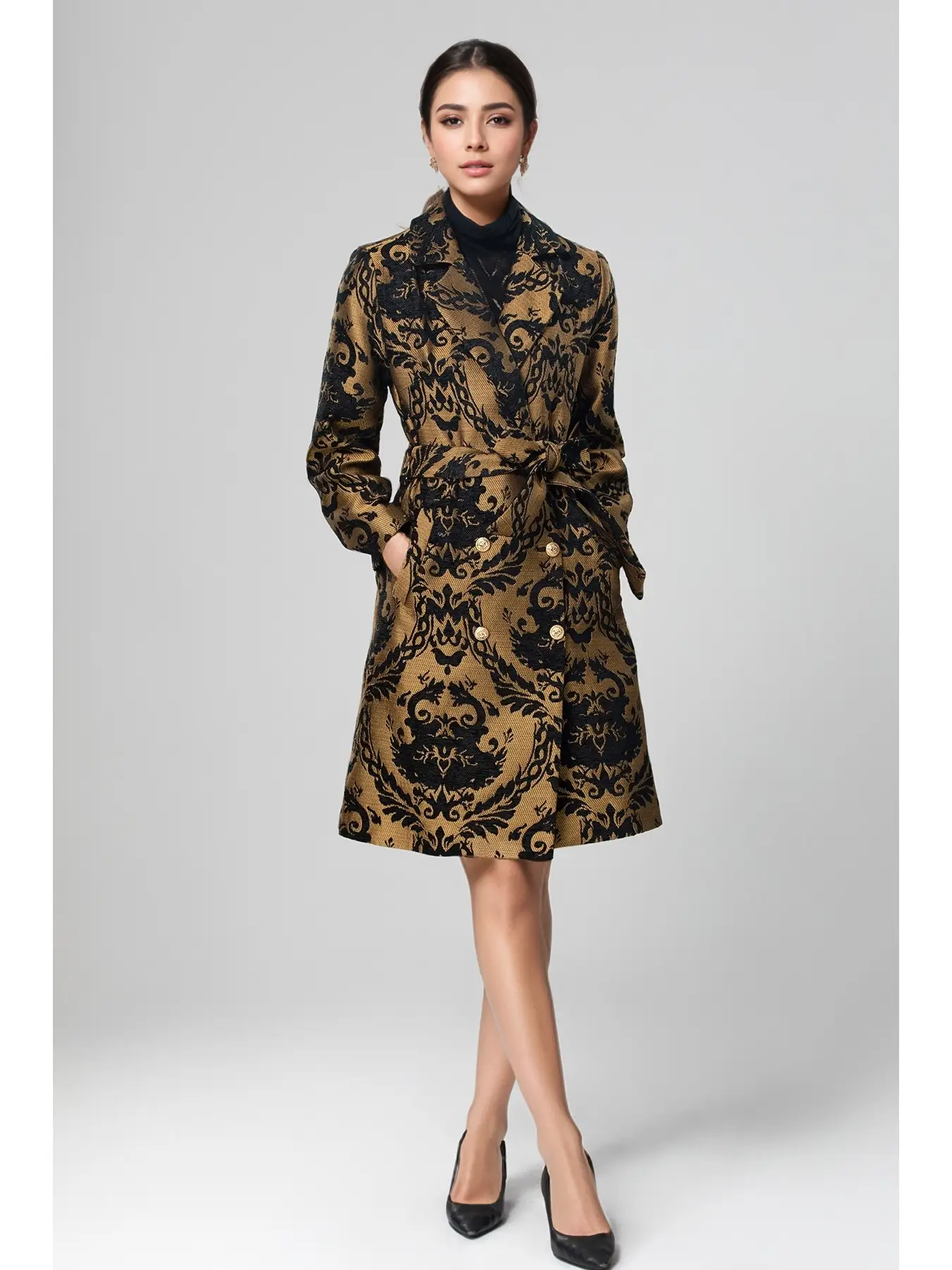 Elegant Baroque Patterned Trench Coat