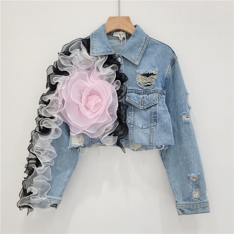 Pink Cropped Denim Jacket with Black Rose Embellishment
