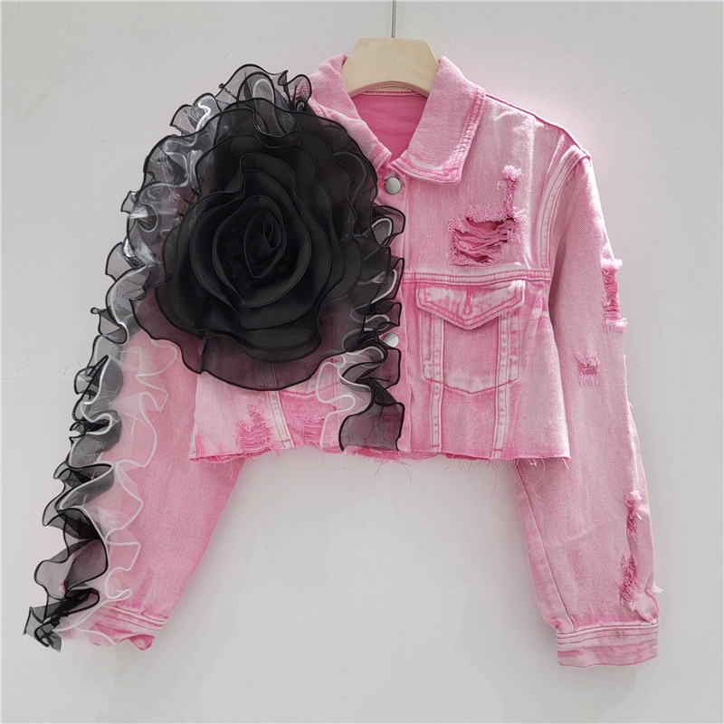 Pink Cropped Denim Jacket with Black Rose Embellishment