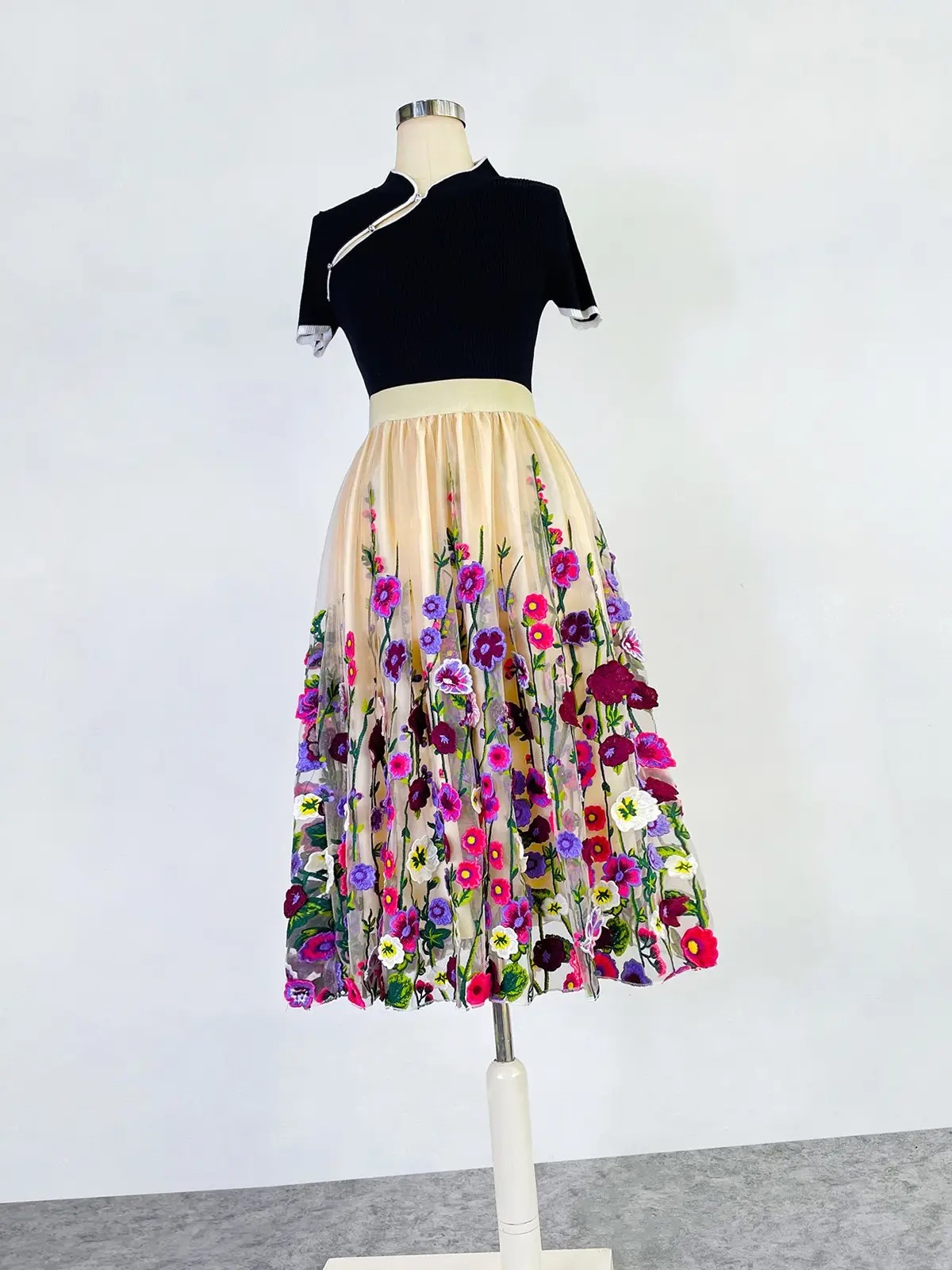 Floral Embroidered Tulle Skirt