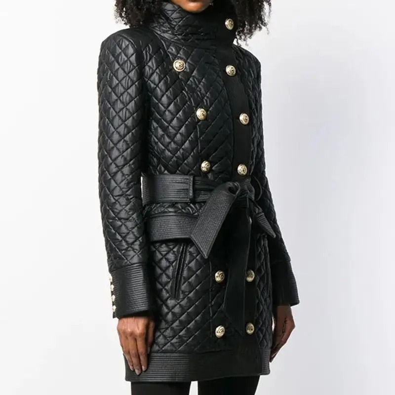 Black Quilted Double-Breasted Coat