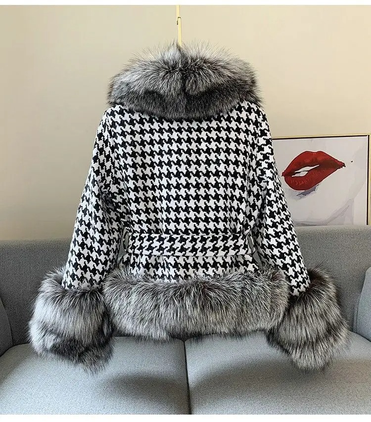 Houndstooth Faux Fur Winter Coat
