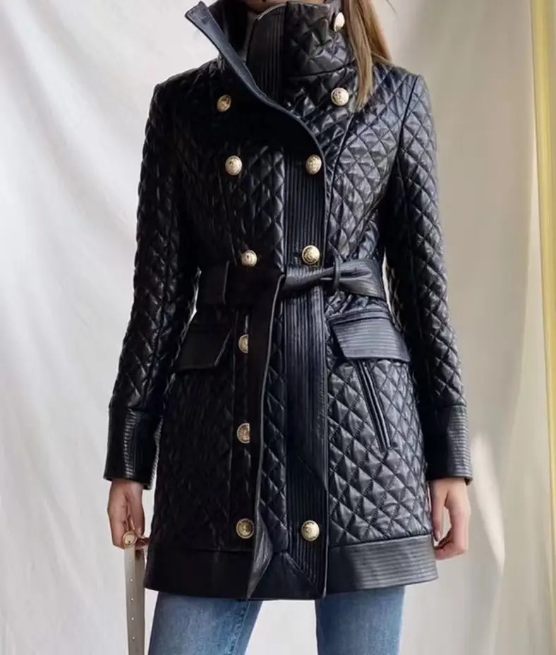 Black Quilted Double-Breasted Coat