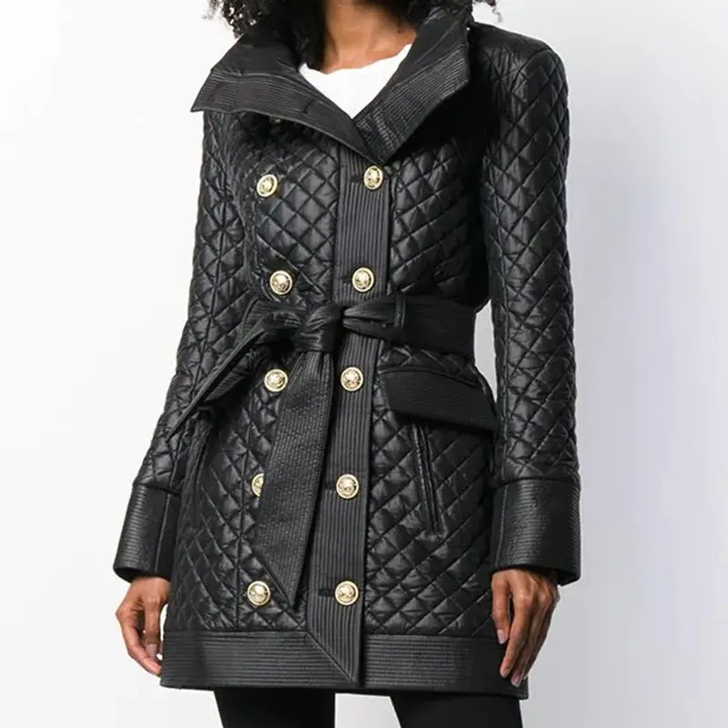 Black Quilted Double-Breasted Coat