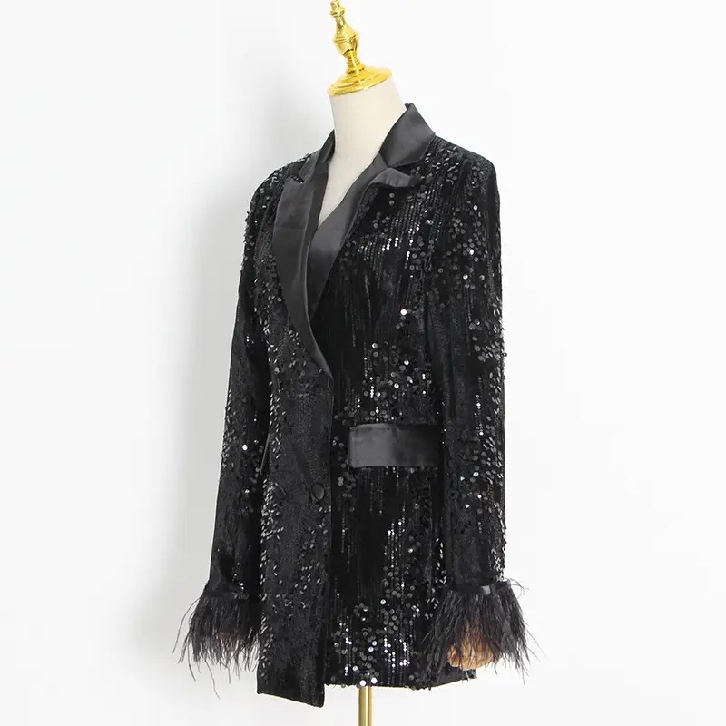 Black Sequin Feather-Trim Blazer