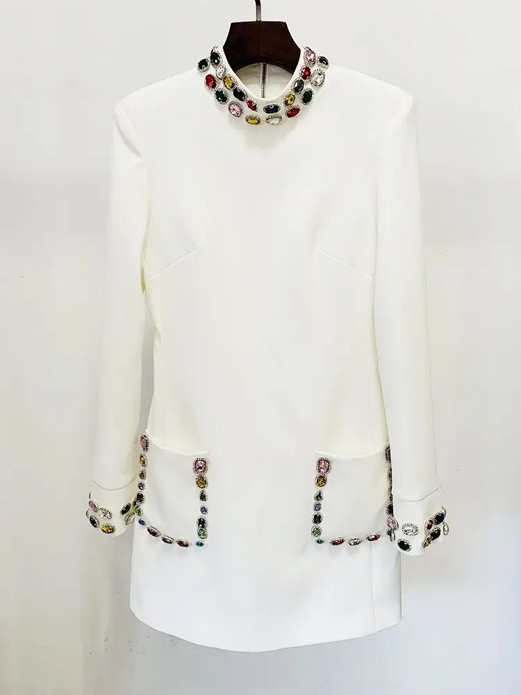 White Embellished Long-Sleeve Dress