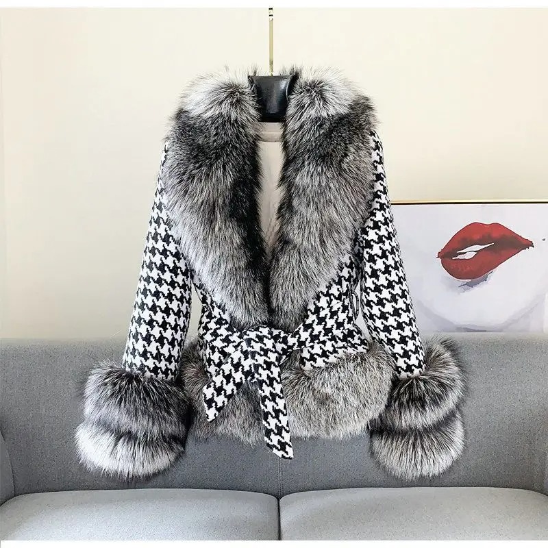 Houndstooth Faux Fur Winter Coat