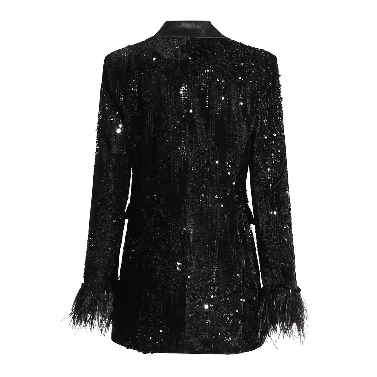 Black Sequin Feather-Trim Blazer