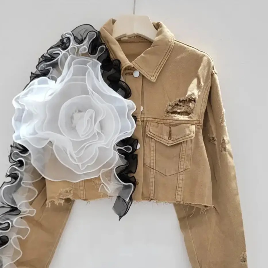 Pink Cropped Denim Jacket with Black Rose Embellishment