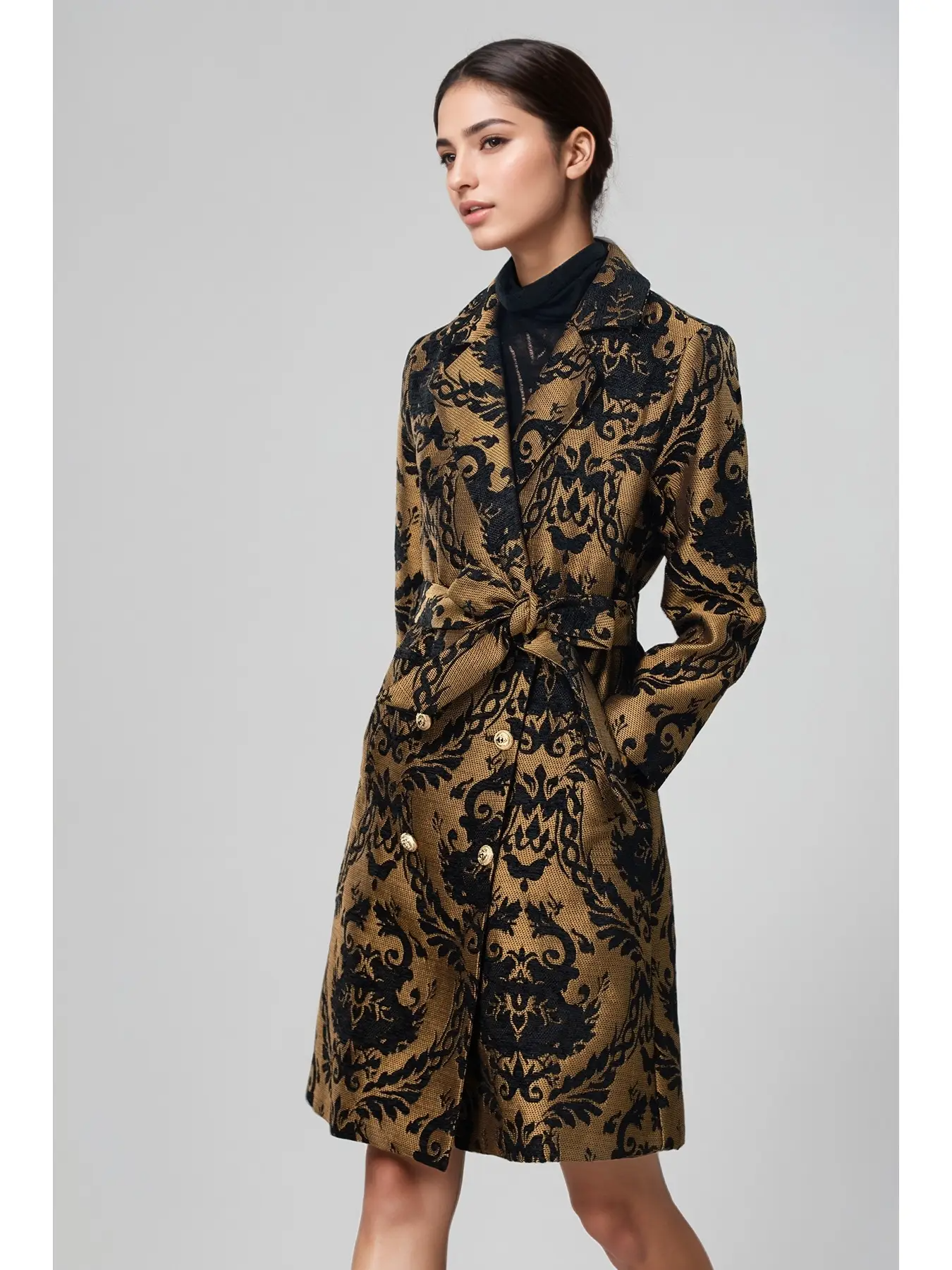 Elegant Baroque Patterned Trench Coat