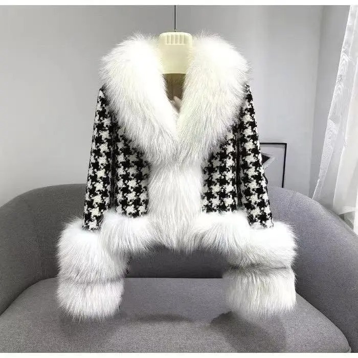 Houndstooth Faux Fur Winter Coat