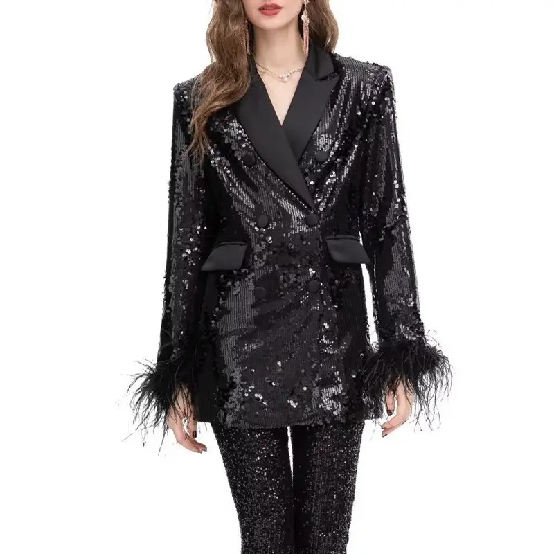 Black Sequin Feather-Trim Blazer