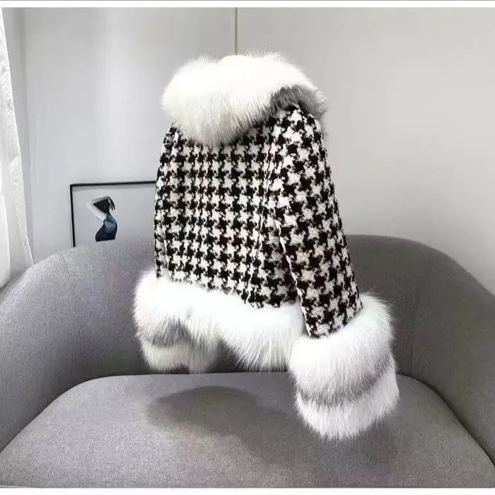 Houndstooth Faux Fur Winter Coat