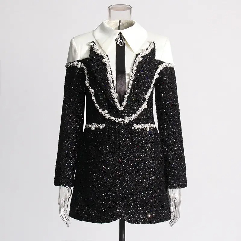 Elegant Black Sequin Blazer Dress