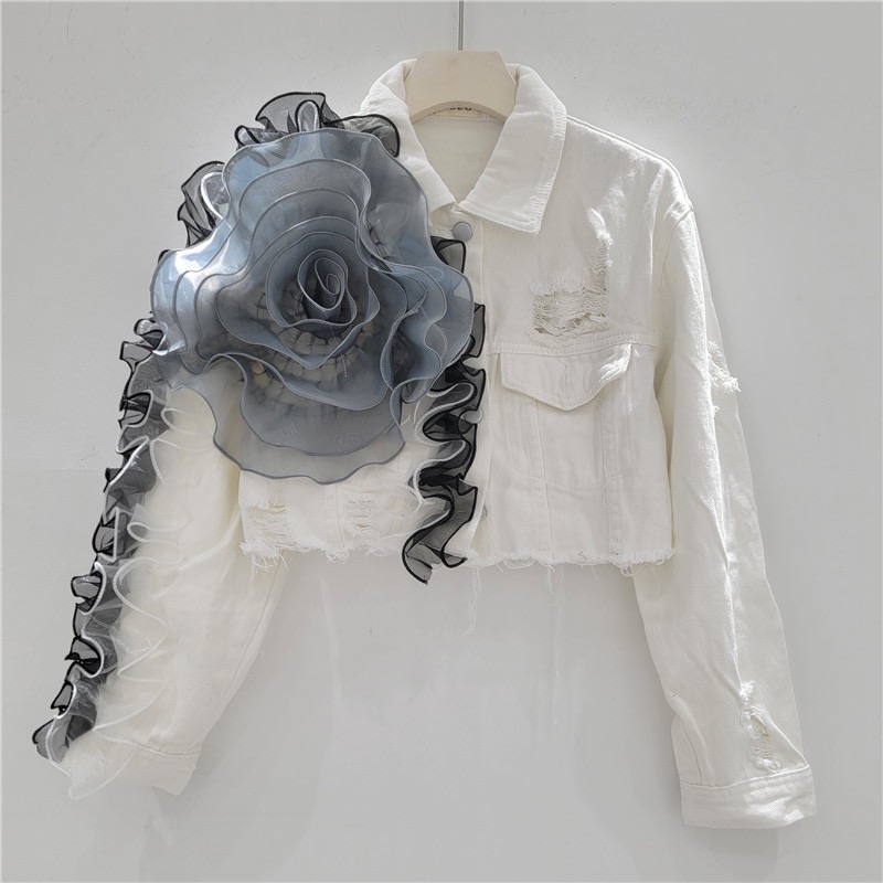 Pink Cropped Denim Jacket with Black Rose Embellishment