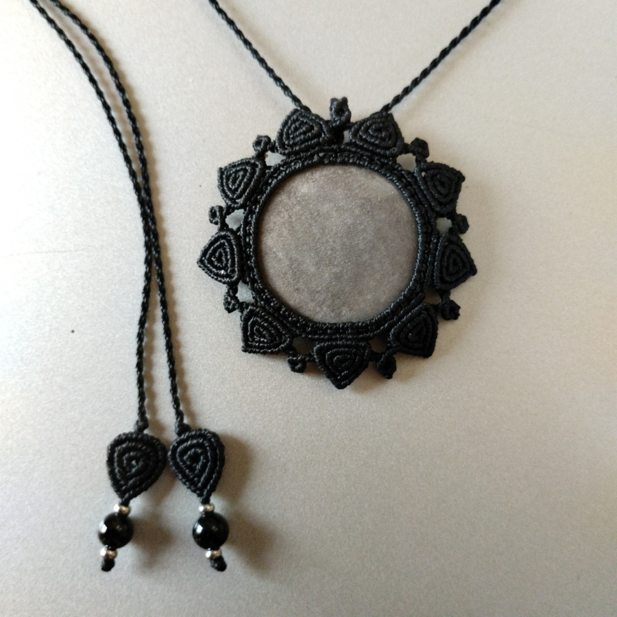 Silver sheen obsidian micro macrame pendant