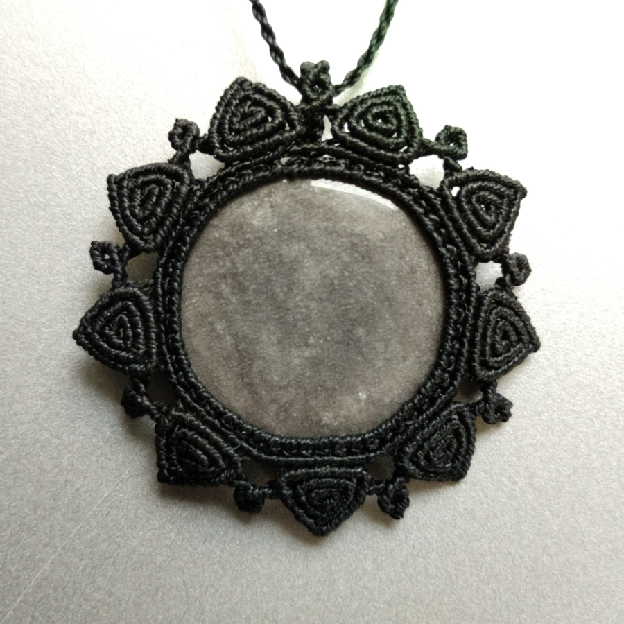 Silver sheen obsidian micro macrame pendant