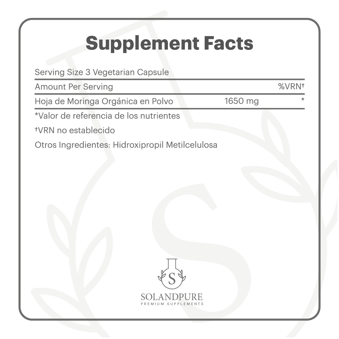 🟢 Moringa Orgánica 1650 mg – 120 Cápsulas Veganas | Superalimento Natural Rico en Vitaminas, Minerales y Antioxidantes | Energía y Bienestar