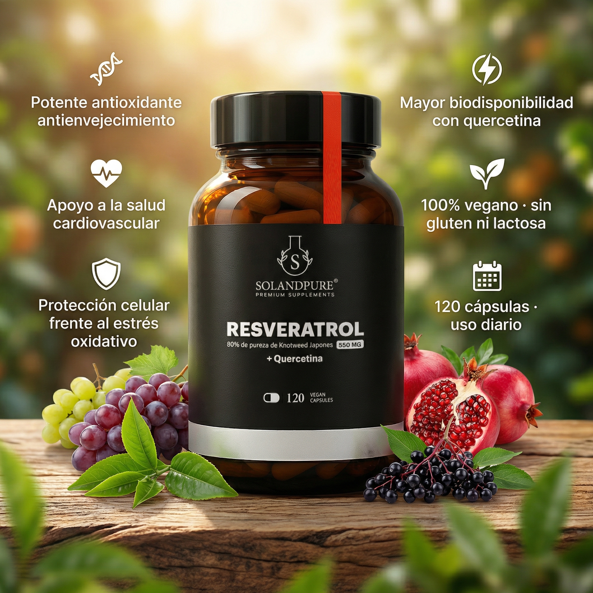 Resveratrol 99% Puro con Quercetina 750 mg – Antioxidante Premium para Longevidad, Salud Cardiovascular y Antienvejecimiento – 120 Cápsulas Vegetales