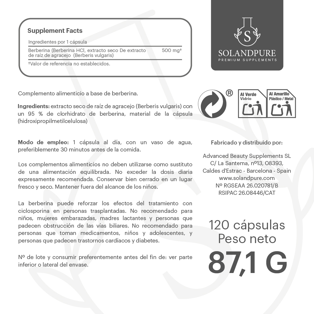 Berberina Orgánica 500 mg – Suplemento Natural para Control de Azúcar, Metabolismo y Salud Cardiovascular – 120 Cápsulas Vegetales