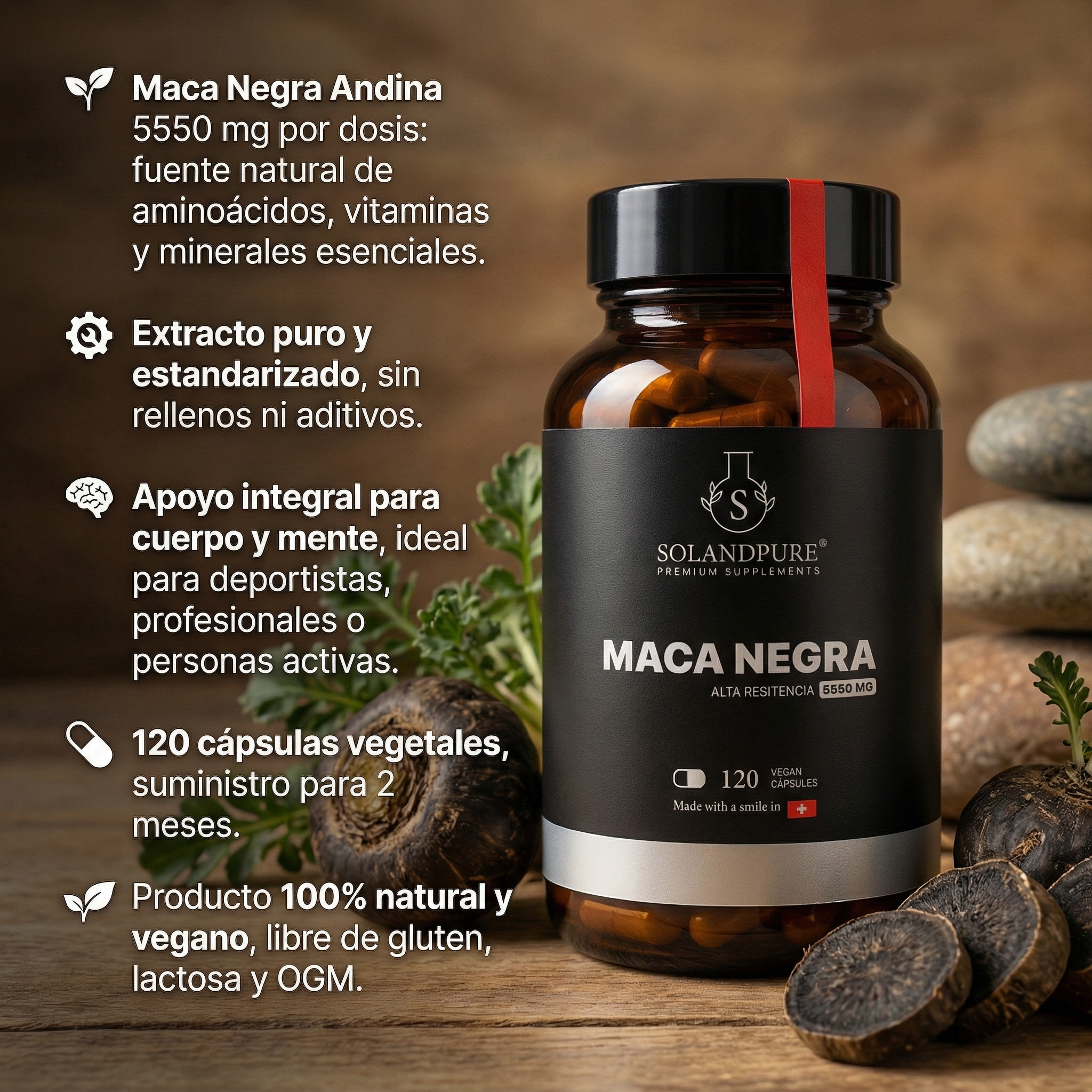 Maca Negra Peruana Andina Pura 5550 mg – 120 Cápsulas Vegetales | Energía, Vitalidad y Rendimiento Natural