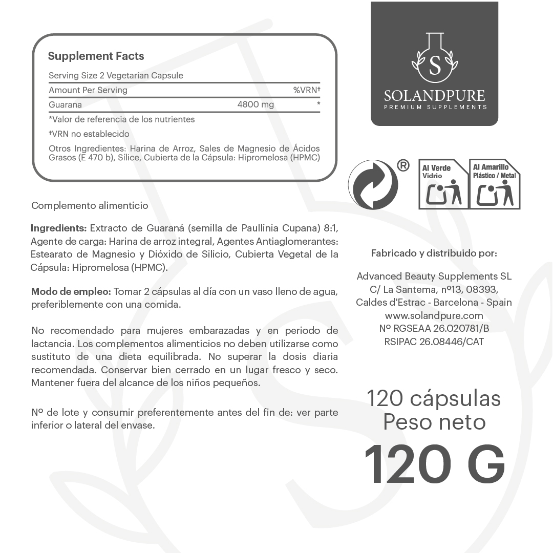 Guaraná Puro 750 mg – 120 Cápsulas Vegetales | Energía Natural, Vitalidad y Concentración | Suplemento Premium sin Azúcares