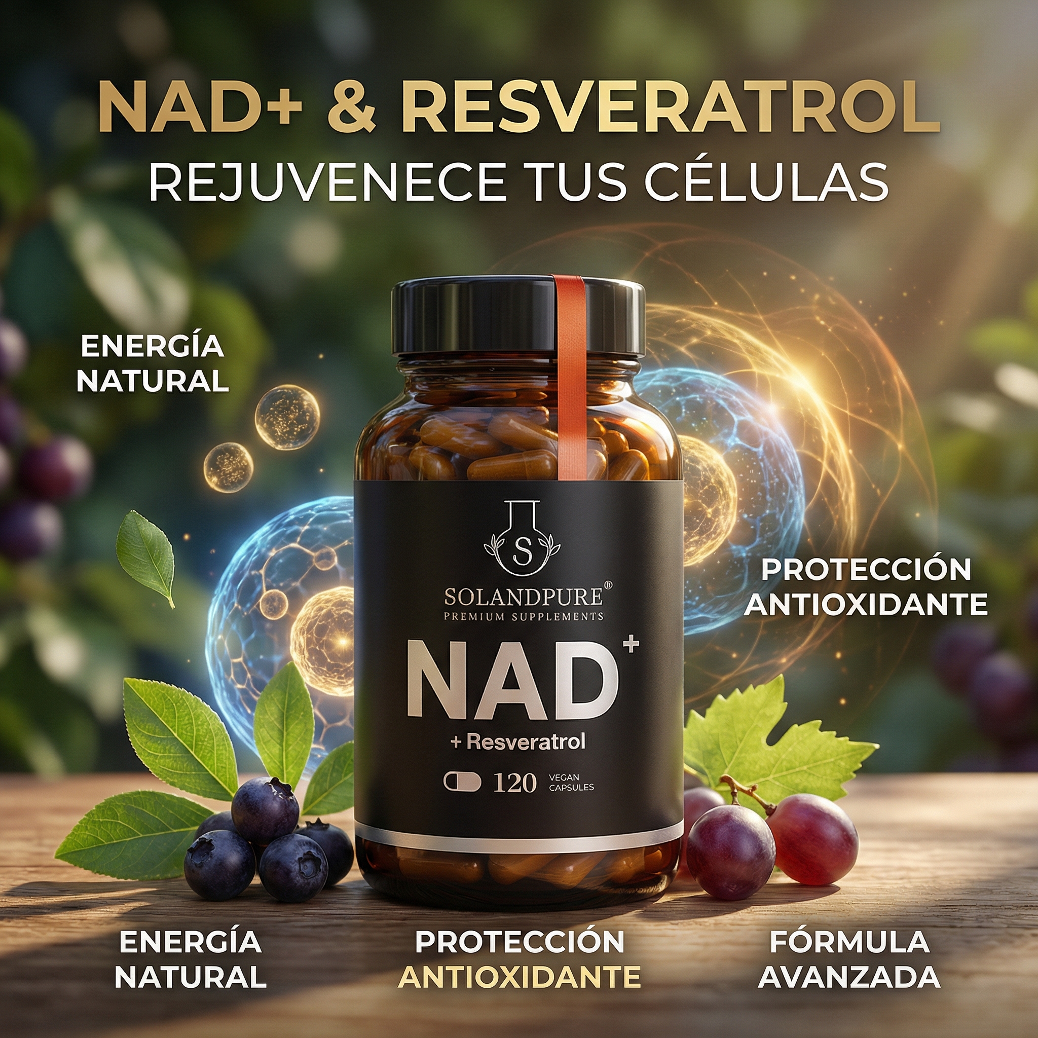 NAD+ con Resveratrol – 120 Cápsulas Vegetales | Energía Celular y Antienvejecimiento Premium