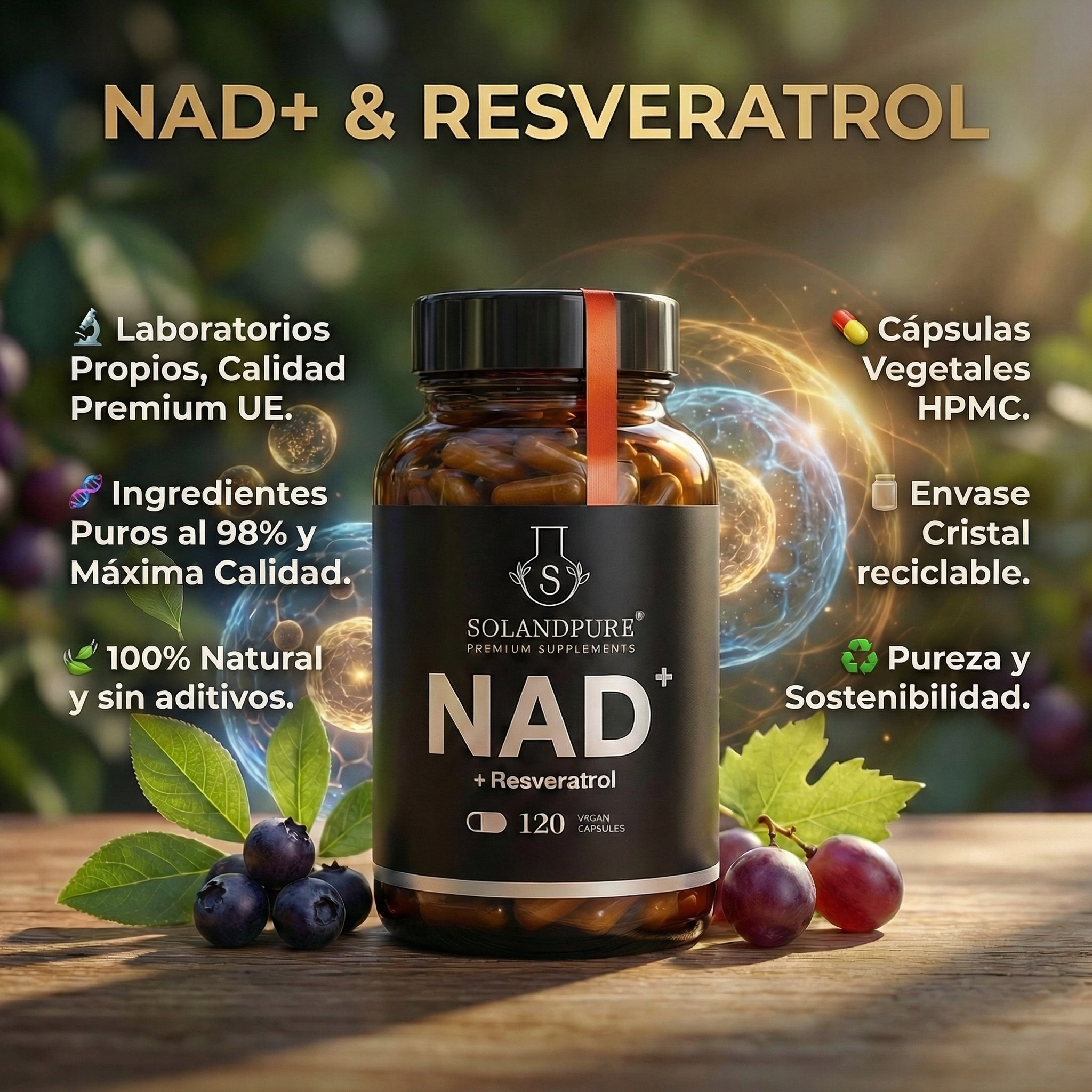 NAD+ con Resveratrol – 120 Cápsulas Vegetales | Energía Celular y Antienvejecimiento Premium