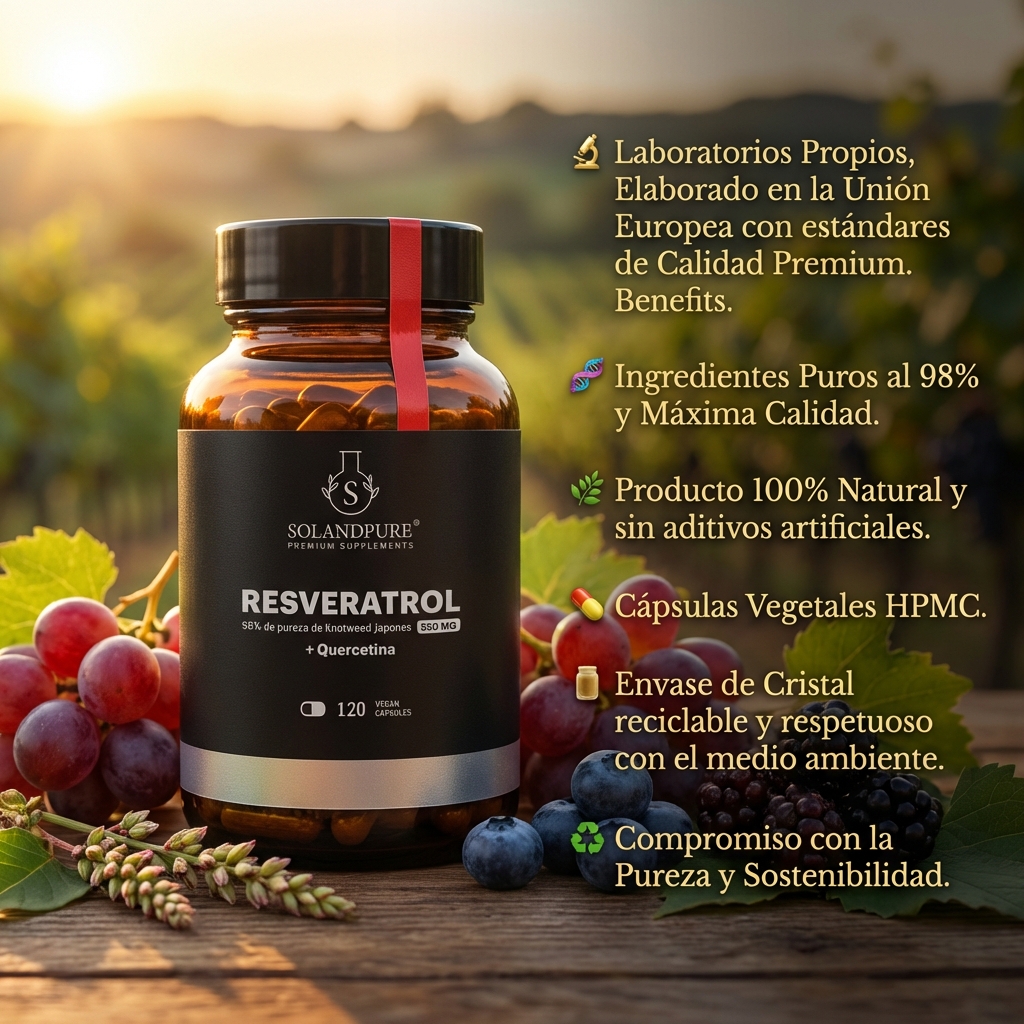 Resveratrol 99% Puro con Quercetina 750 mg – Antioxidante Premium para Longevidad, Salud Cardiovascular y Antienvejecimiento – 120 Cápsulas Vegetales