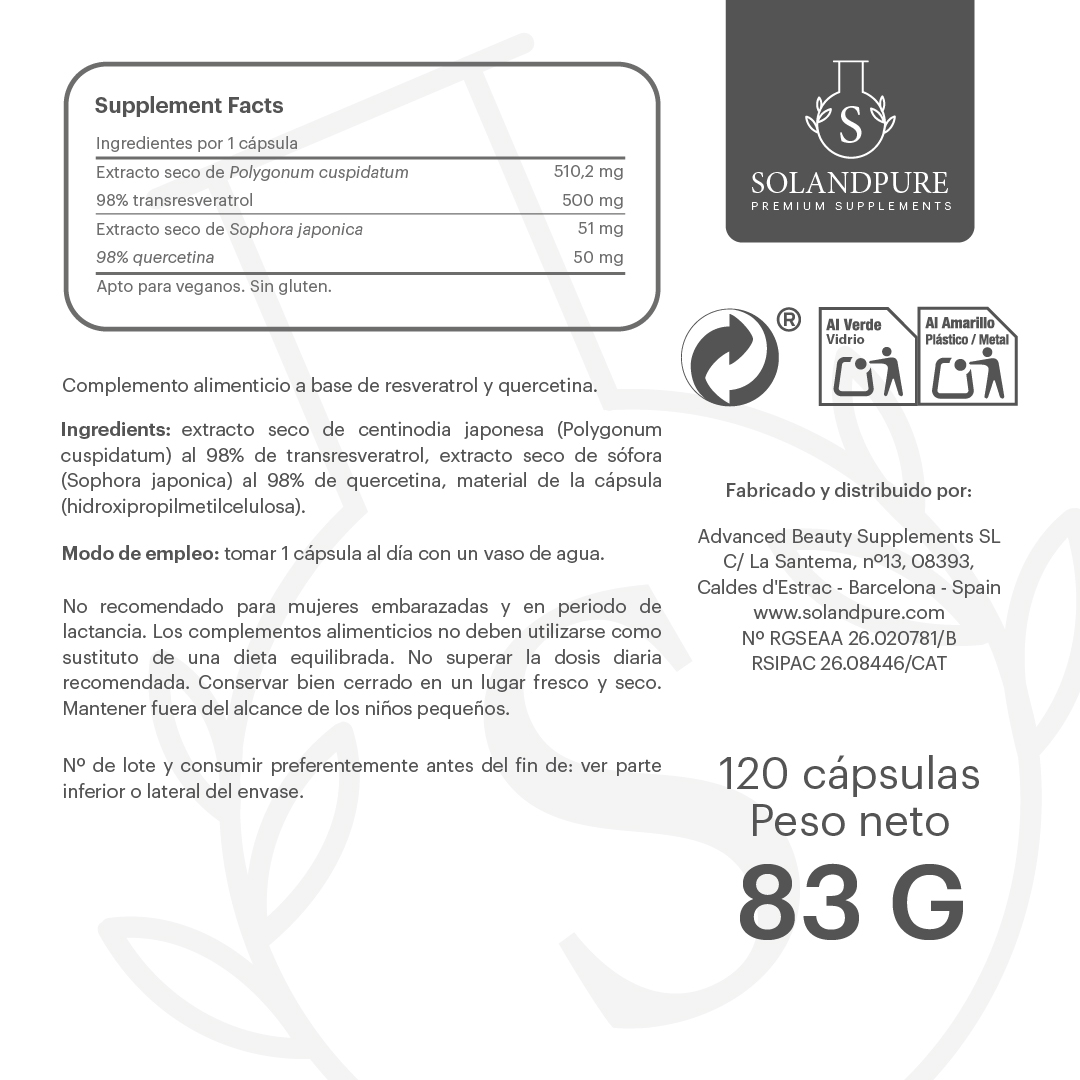 Resveratrol 99% Puro con Quercetina 750 mg – Antioxidante Premium para Longevidad, Salud Cardiovascular y Antienvejecimiento – 120 Cápsulas Vegetales