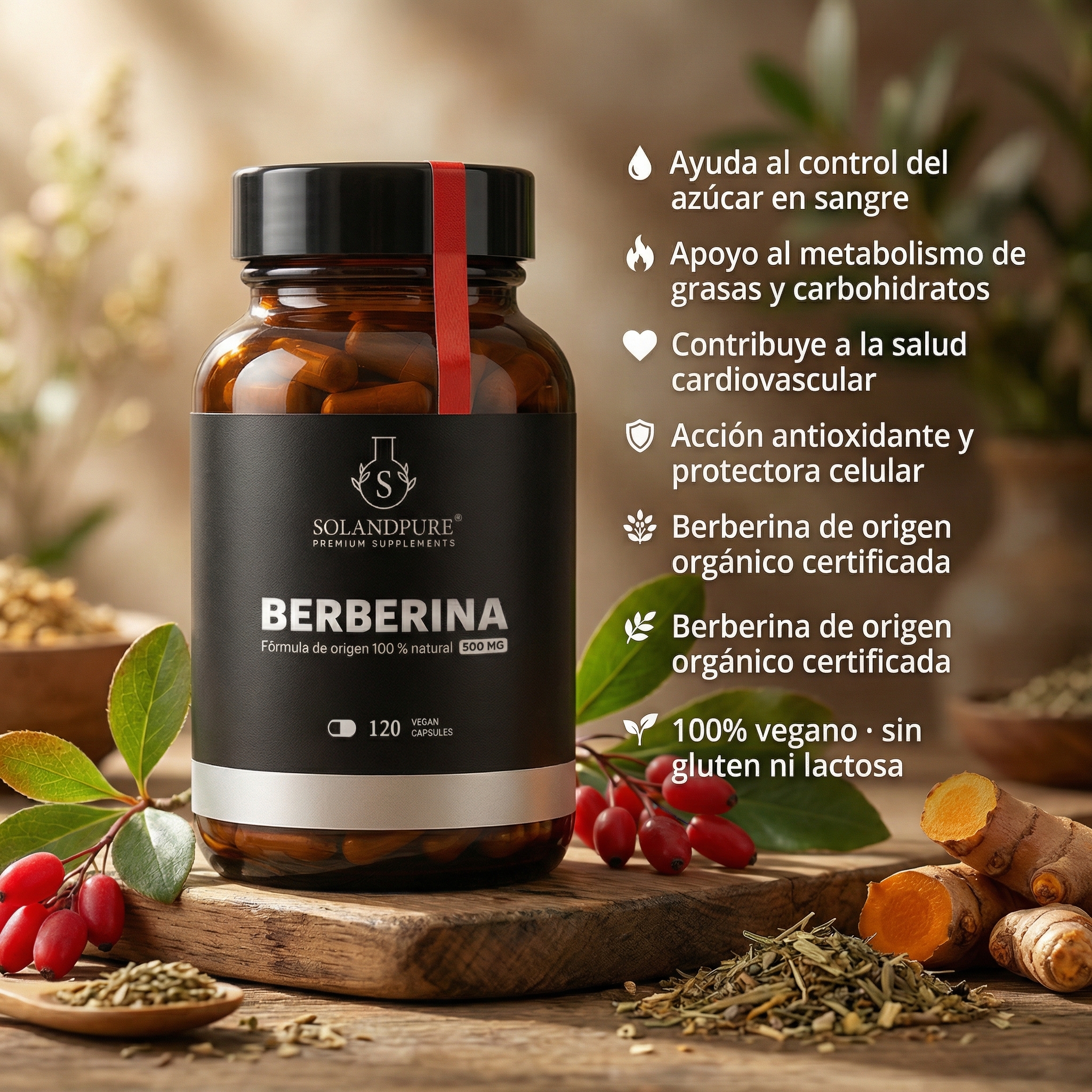 Berberina Orgánica 500 mg – Suplemento Natural para Control de Azúcar, Metabolismo y Salud Cardiovascular – 120 Cápsulas Vegetales