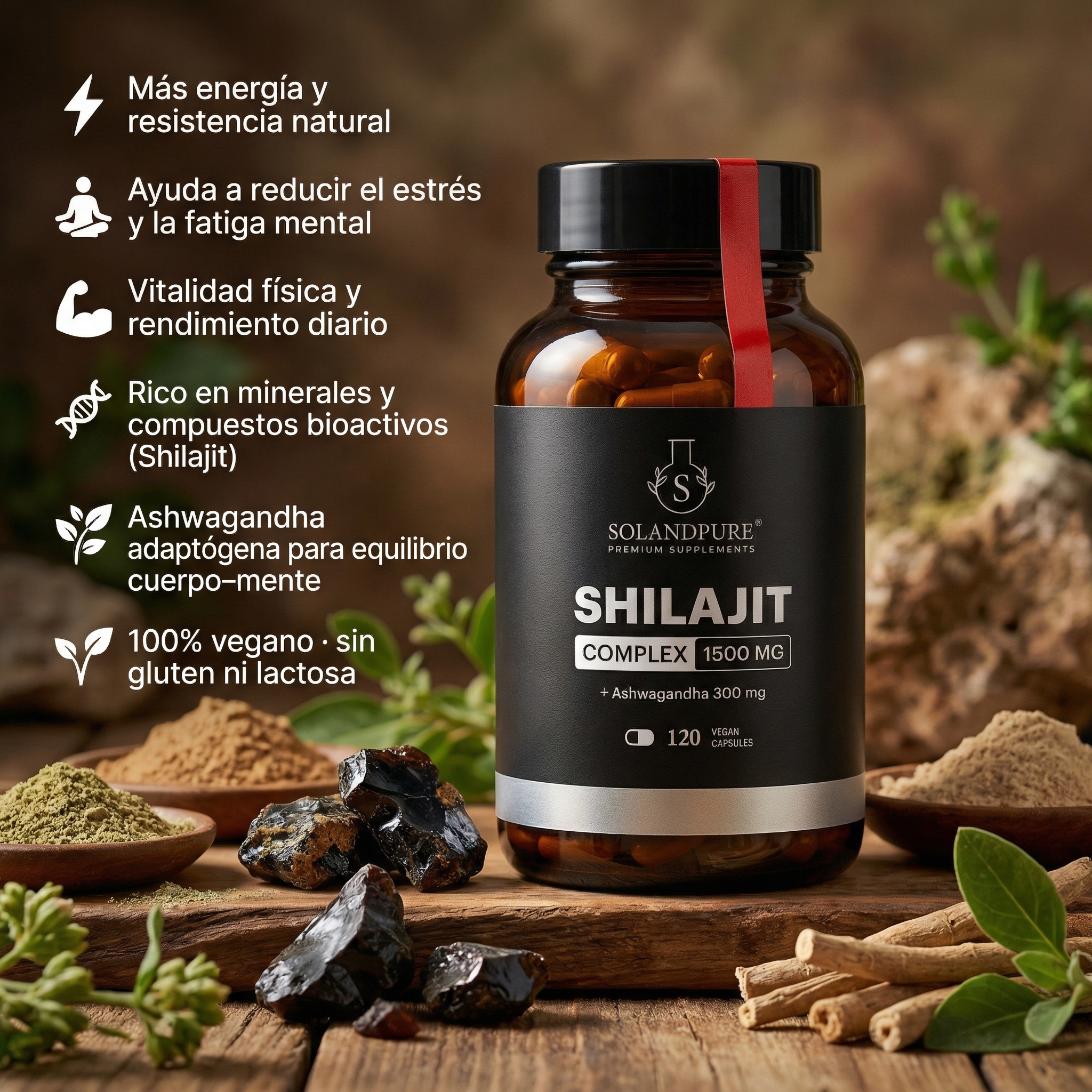Shilajit + Ashwagandha 1500 mg | 120 Cápsulas Vegetales | Fórmula Original de los Himalayas – Energía, Vitalidad y Bienestar Natural