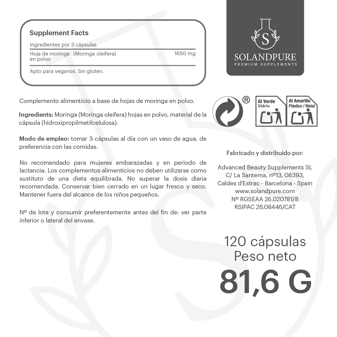 Moringa Orgánica 1650 mg – 120 Cápsulas Veganas | Superalimento Natural Rico en Vitaminas, Minerales y Antioxidantes | Energía y Bienestar