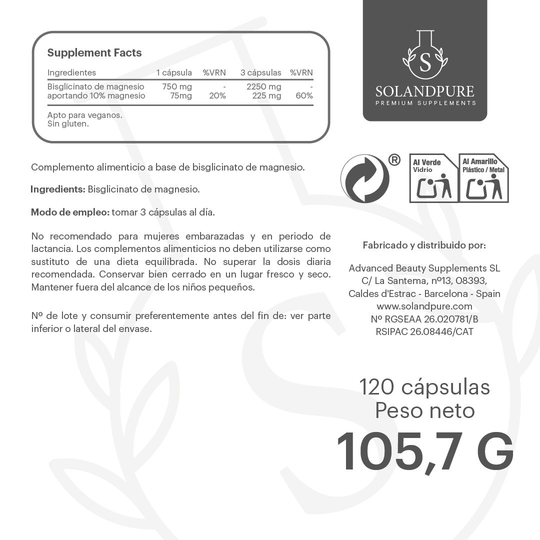 Magnesio Bisglicinato 750 mg – 120 Cápsulas Vegetales | Alta Absorción y Máxima Biodisponibilidad | Suplemento Premium para Energía, Músculos y Nervios