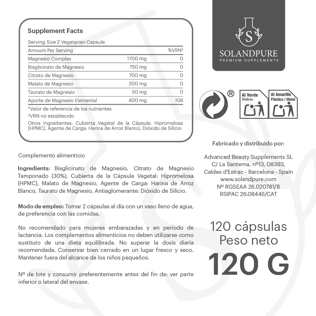 Magnesio Complex 750 mg – 120 Cápsulas Vegetales | 5 Fuentes de Magnesio (Bisglicinato, Citrato, Pidolato, Malato y Carbonato) | Suplemento Premium de Alta Absorción