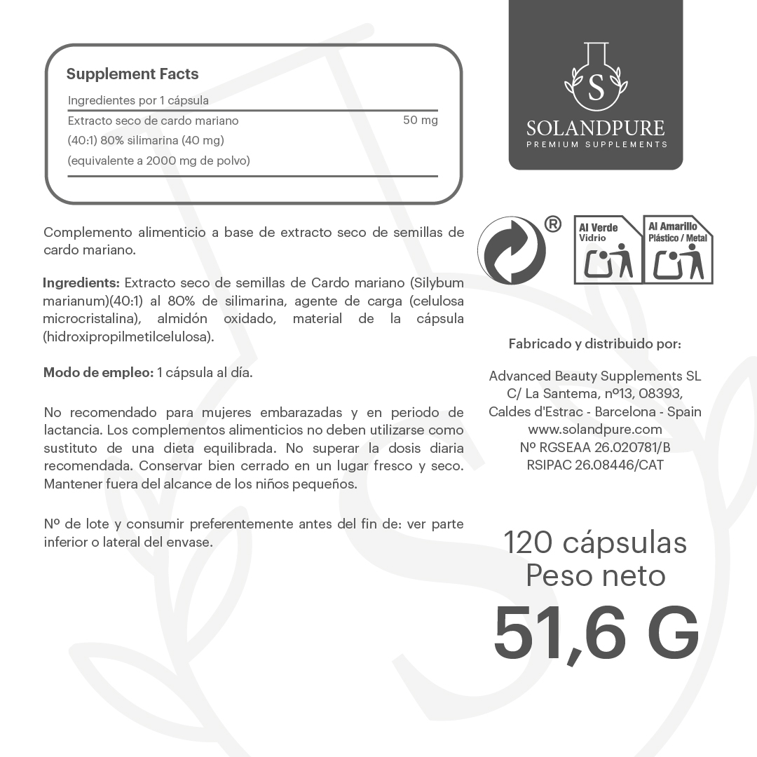 Cardo Mariano 750 mg – 120 Cápsulas Veganas | Extracto Estandarizado en Silimarina | Suplemento Natural para Hígado, Detox y Digestión