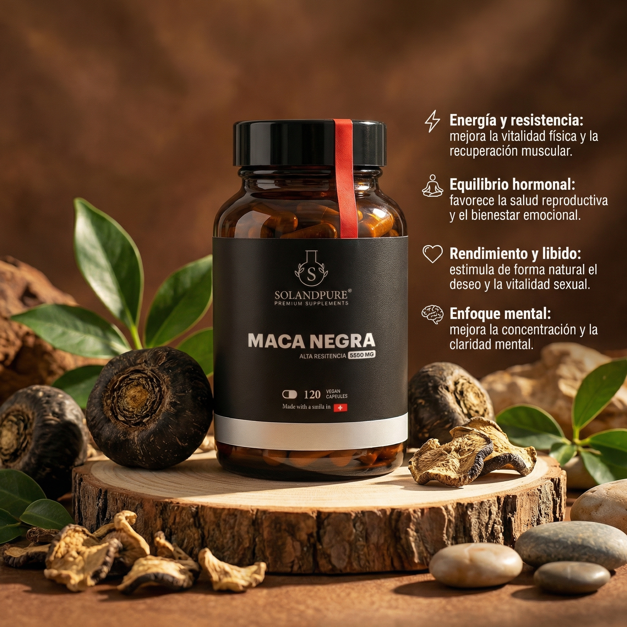 Maca Negra Peruana Andina Pura 5550 mg – 120 Cápsulas Vegetales | Energía, Vitalidad y Rendimiento Natural