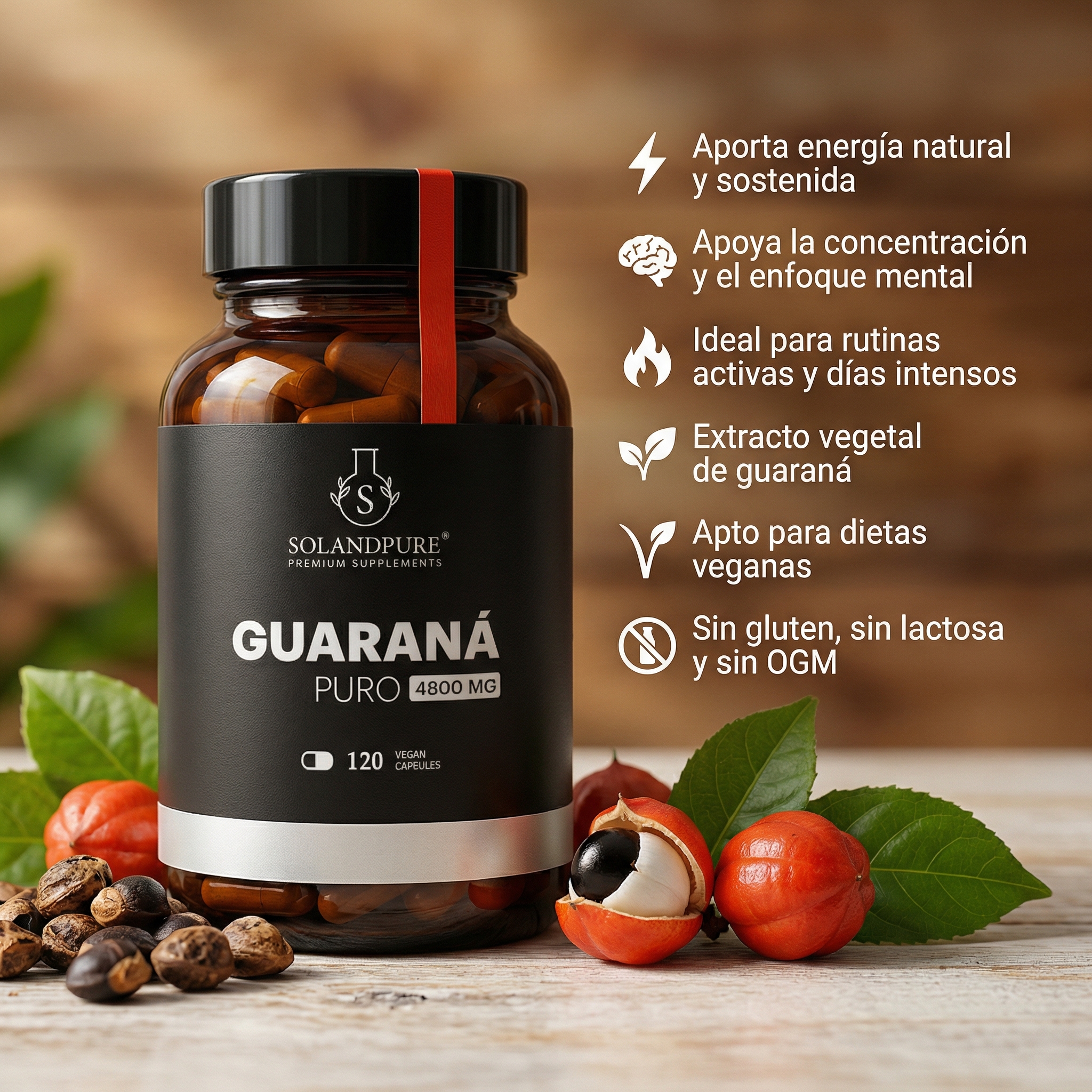 Guaraná Puro 750 mg – 120 Cápsulas Vegetales | Energía Natural, Vitalidad y Concentración | Suplemento Premium sin Azúcares