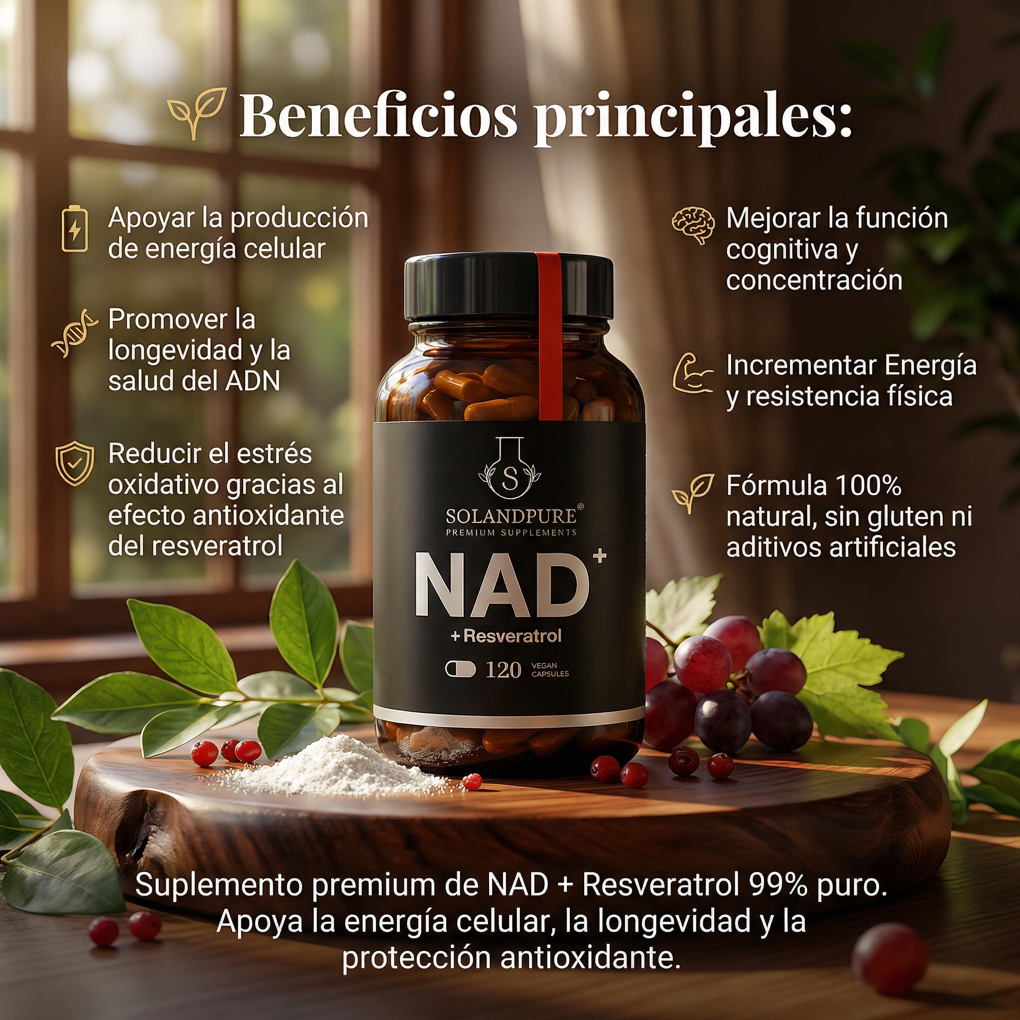 NAD+ con Resveratrol – 120 Cápsulas Vegetales | Energía Celular y Antienvejecimiento Premium