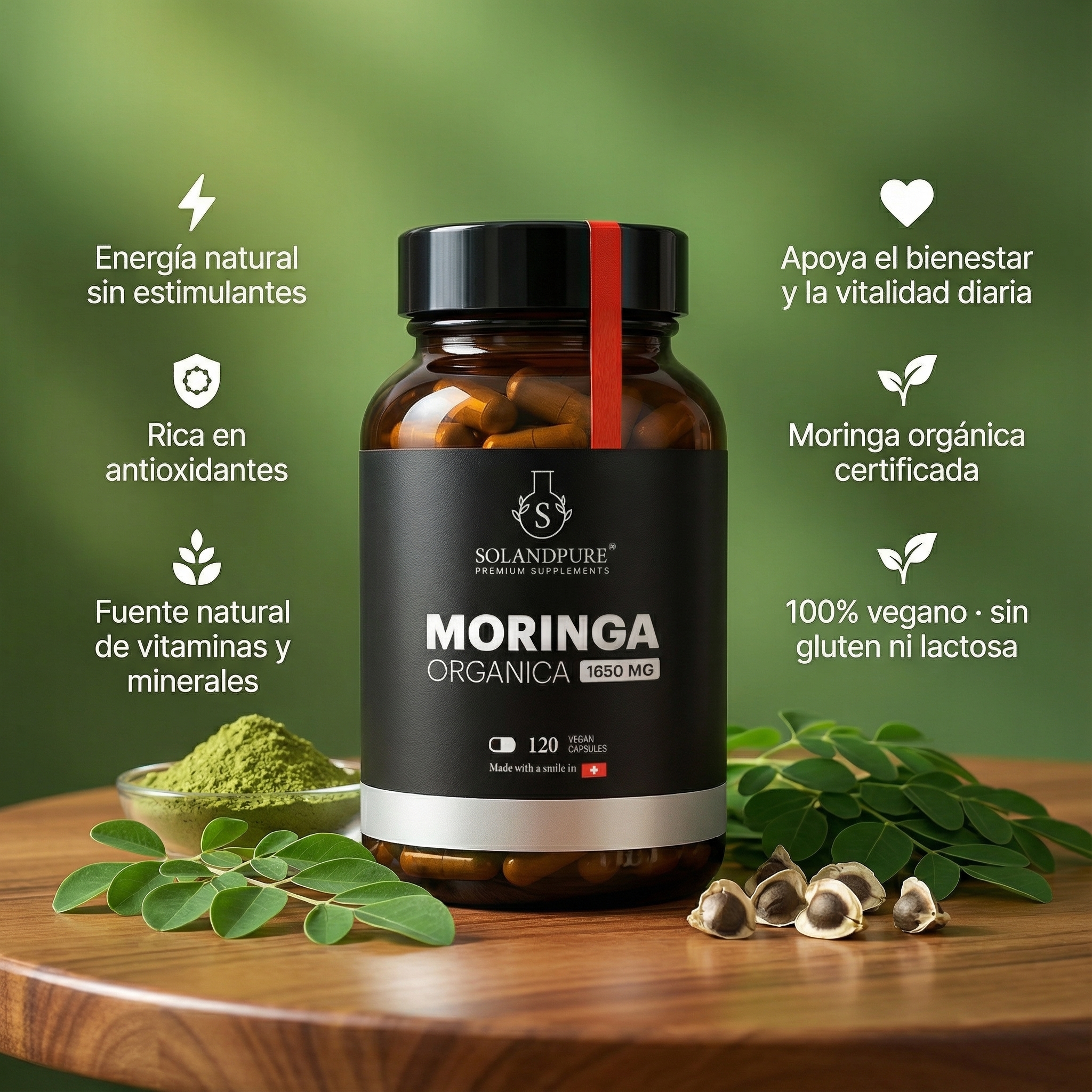 Moringa Orgánica 1650 mg – 120 Cápsulas Veganas | Superalimento Natural Rico en Vitaminas, Minerales y Antioxidantes | Energía y Bienestar