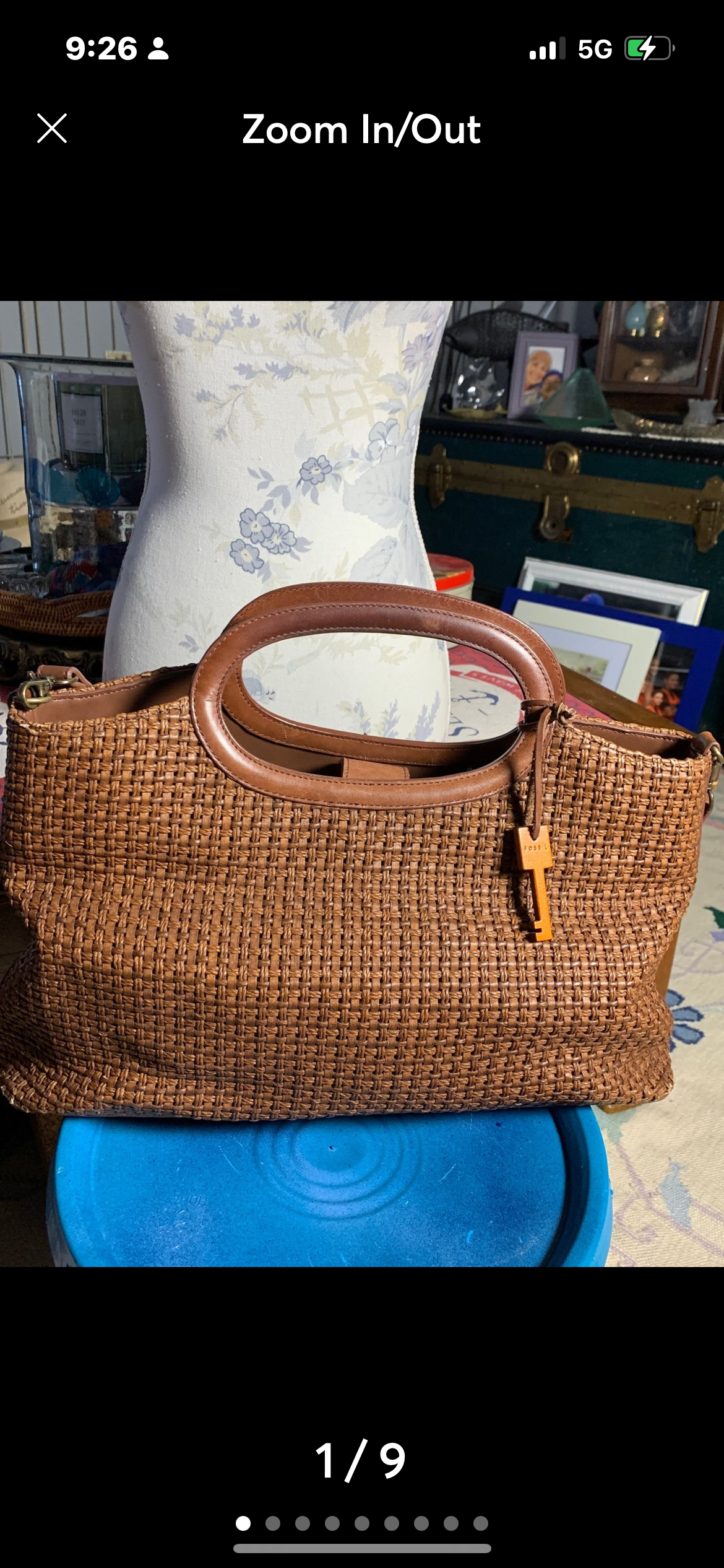 VINTAGE FOSSIL Woven LEATHER Handbag with Wooden Handles