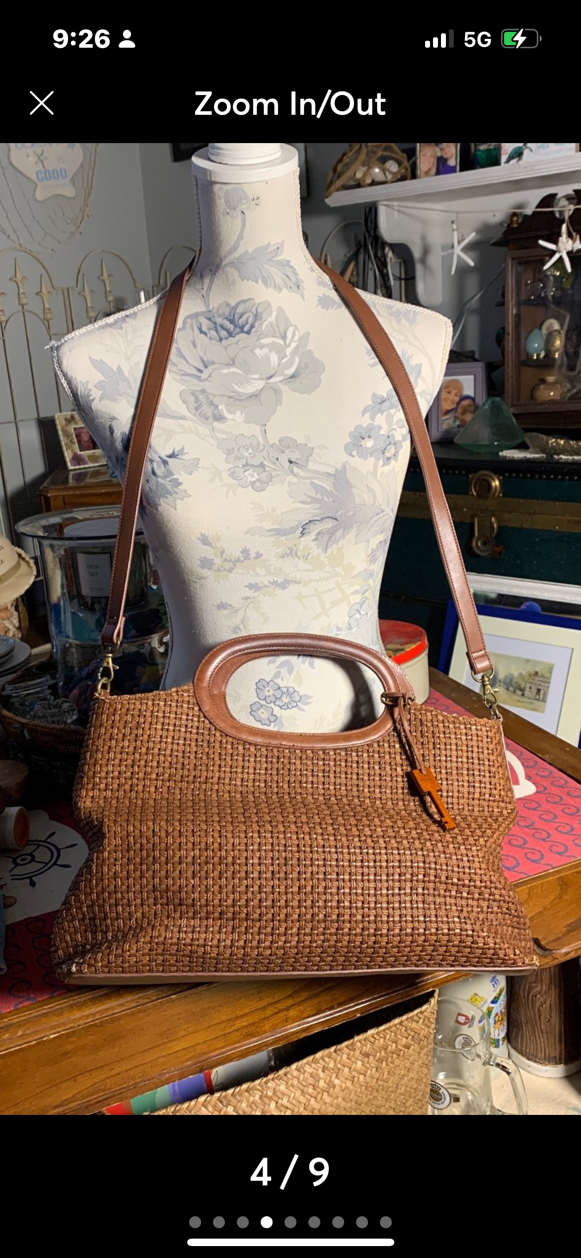 VINTAGE FOSSIL Woven LEATHER Handbag with Wooden Handles