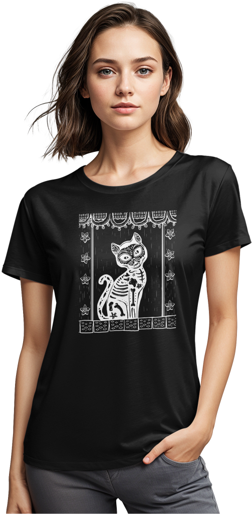 Playera negra con estampado de gato estilo Día de los Muertos