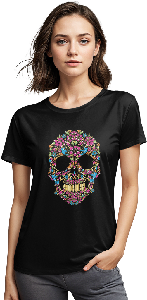 Camiseta negra calavera floral