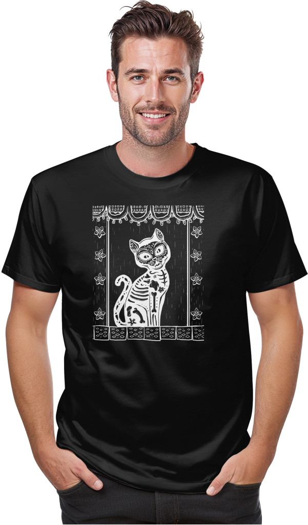 Playera negra con estampado de gato estilo Día de los Muertos